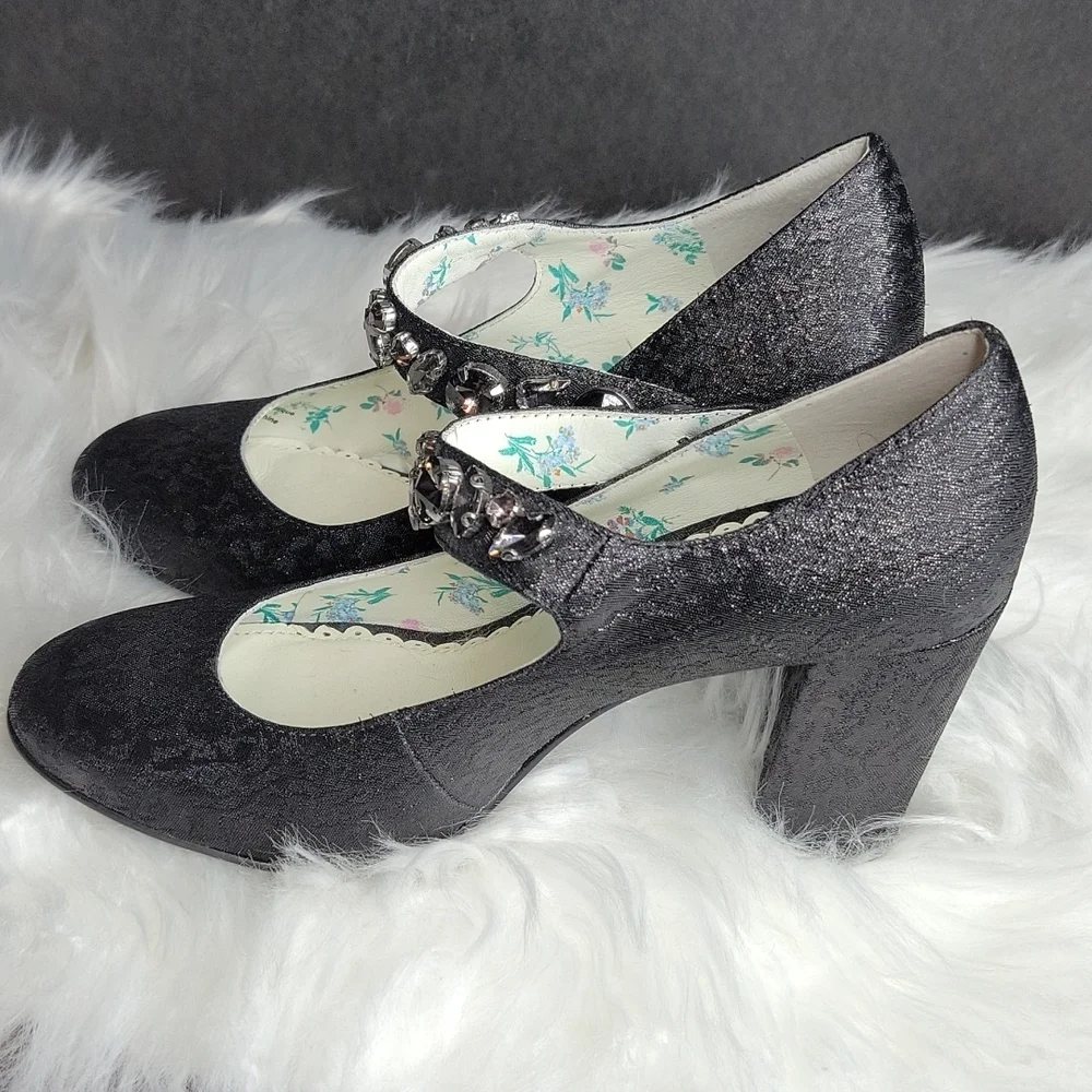 MARY JANE 1901 Shimmery Black‎ Brocade Heels Rhinestone Straps Size 5.5 M